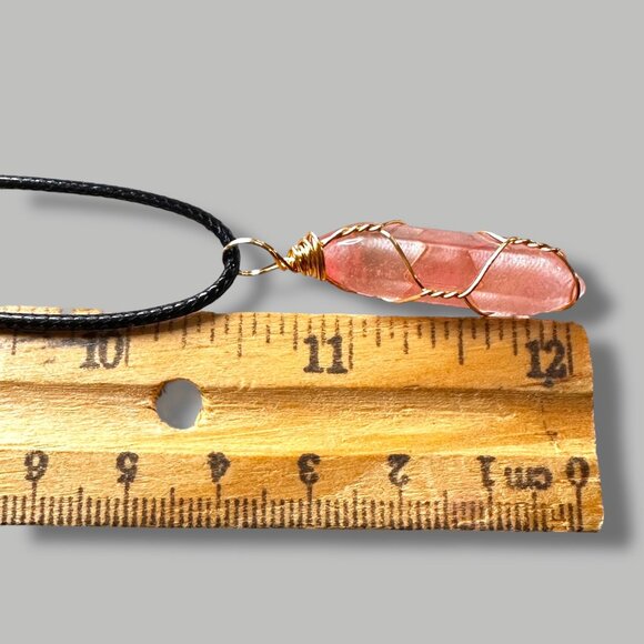 Handmade Pink Crystal Necklace Wrapped In Gold Wire With Black Cord AdJ Necklace - Picture 9 of 9